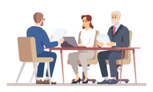 HR manager interviewing job applicant flat vector illustration. Business negotiations in office. Meeting with jobseeker, partner, client isolated cartoon characters on white background